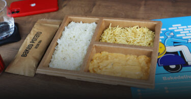 embalagem bandeja de papel com divisórias para delivery strogonoff